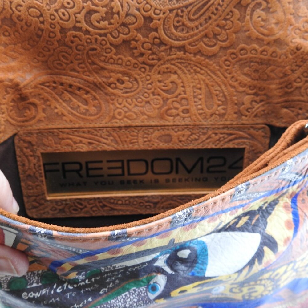 Freedom24 Handmade Leather Crossbody Purse Eyes Wide Open Authenticity Dust Bag - Picture 4 of 14